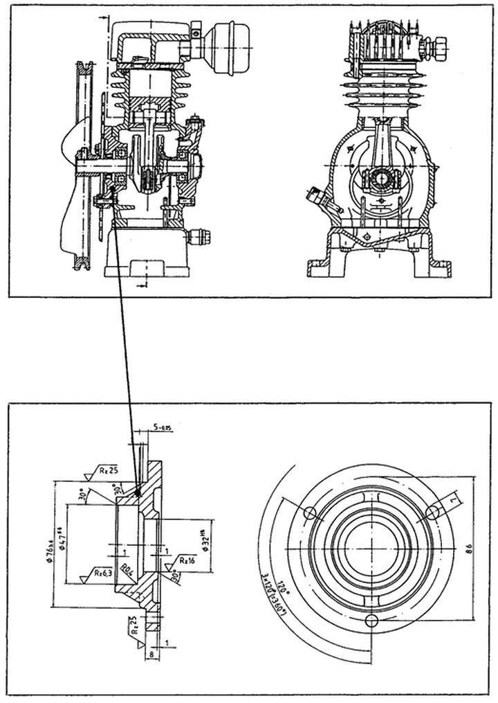 Abb. 5: Gesamtzeichnung des Kolbenkompressors (oben) und Einzelteilzeichnung des Flanschlagers (unten)