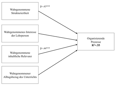 Abbildung 6:  Zusammenhänge zwischen Unterrichtsmerkmalen und organisierenden Prozessen (N=68)