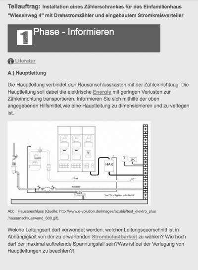 Abbildung 6: Exemplarischer Aufbau der Informationsphase eines Teilauftrages im LMS (EfG). Mit Verweis auf Leittexte, Leitfragen sowie graphischer Unterstützung. Hervorgehobene Begriffe sind mit dem Lexikon des LMS verlinkt.
