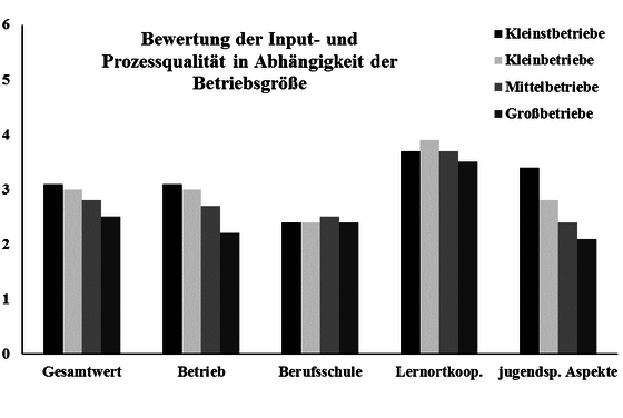 Abbildung 3: Mittelwerte für die Input- und Prozessqualität sowie der zugehörigen Einzelindizes getrennt nach Betriebsgröße.