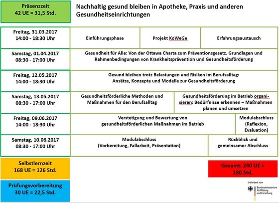 Abbildung 3: Exemplarischer Modulplan des Pilotmoduls „Nachhaltig gesund bleiben in Apotheke, Praxis und anderen Gesundheitseinrichtungen“, Teilprojekt „KoWeGe“/KeGL-UOS (vgl. Babitsch et al. 2017a)