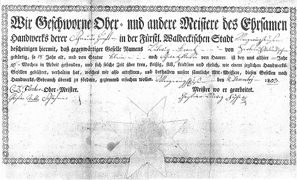 Abbildung 6: Bescheinigung der Schneiderzunft Mengeringhausen für den Gesellen Ludwig Krantz vom 2. Dezember 1803 (Foto: Kipp, M. Archiv)