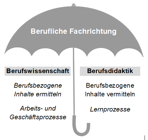 Abbildung 1: Rolle der Berufsdidaktik und Berufswissenschaft unter dem Schirm der beruflichen Fachrichtung
