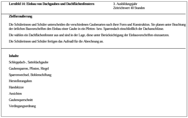 Abb. 5: Exemplarisches Lernfeld aus dem Rahmenlehrplan für Zimmerleute