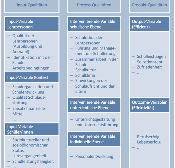 Abbildung 1: Modell zur Erfassung der Schulqualität (in Anlehnung an Scheerens 1992, 66 & Dubs 1998, 20ff.)