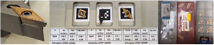 Abbildung 10: Verschlissenes Plättchen, Schneidplättchen auf Arbeitstisch, Schneidplättchen unter realen Werkstattbedingungen (v.l.n.r.) (eigene Abbildung)