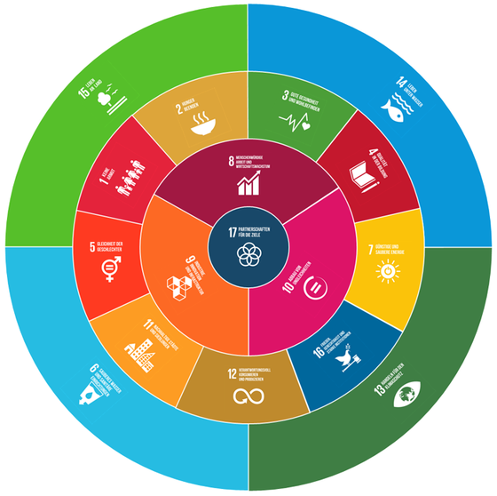 Abbildung 1: Zuordnung der 17 Ziele für nachhaltige Entwicklung zu den drei Nachhaltigkeitsdimensionen (eigene Darstellung)